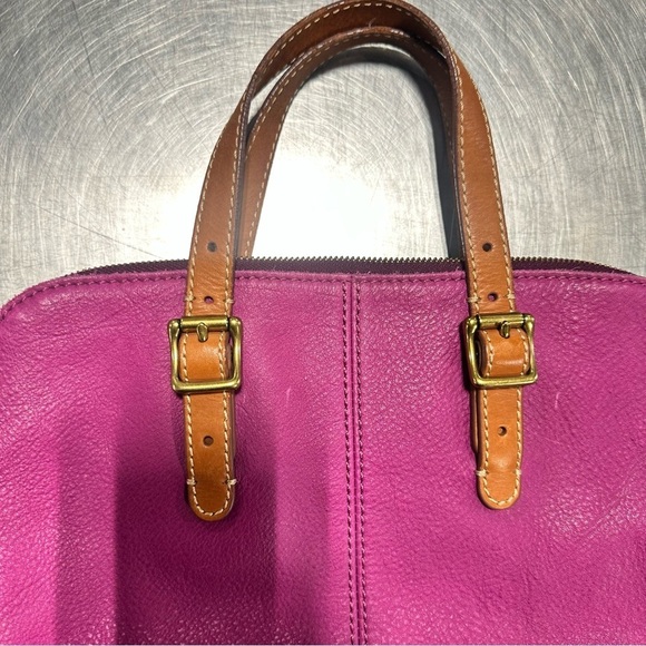 FOSSIL TAYLOR MAGENTA PURPLE+BROWN TRIM LEATHER CROSSBODY,TOTE,HAND BAG - Picture 4 of 9